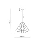 Czarna lampa wisząca Eris z jasnodrewnianymi akcentami, w kształcie stożka. Wymiary: wysokość 1800 mm, średnica 640 mm, górna część o średnicy 100 mm. Przeznaczona na żarówkę E27. Prosty design idealny do nowoczesnych wnętrz.