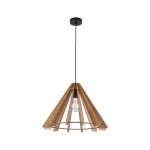 Lampa wisząca Eris z kloszem w kształcie stożka, wykonana z jasnego drewna i czarnym metalowym mocowaniem. Zawieszona na długim przewodzie, z widoczną żarówką E27 w środku. Tło białe, co podkreśla detale konstrukcji.
