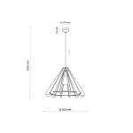 Lampa wisząca Eris o średnicy 500 mm, czarna z jasnym drewnem, zawieszona na przewodzie o długości 1600 mm. Posiada miejsce na żarówkę E27, z charakterystycznym, stożkowym kształtem klosza. Wymiary mocowania: 100 mm średnicy, 25 mm wysokości.
