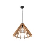 Lampa wisząca Eris z czarnym stelażem i kloszem z jasnego drewna, w kształcie stożka z otwartym wnętrzem, zawieszona na czarnym przewodzie. Wnętrze klosza widoczna żarówka E27. Proste tło podkreśla nowoczesny design.