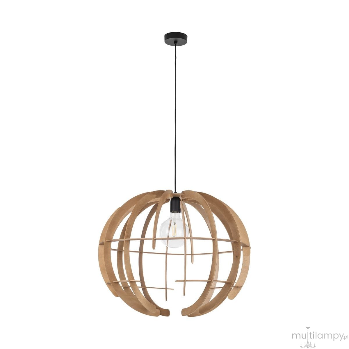 Lampa wisząca Venus L z jednym gniazdem E27, w kształcie kuli. Obudowa w kolorze jasnego drewna z czarnymi akcentami, zawieszona na czarnym przewodzie. Oświetlenie w centralnej części osłonięte przez drewniane elementy.
