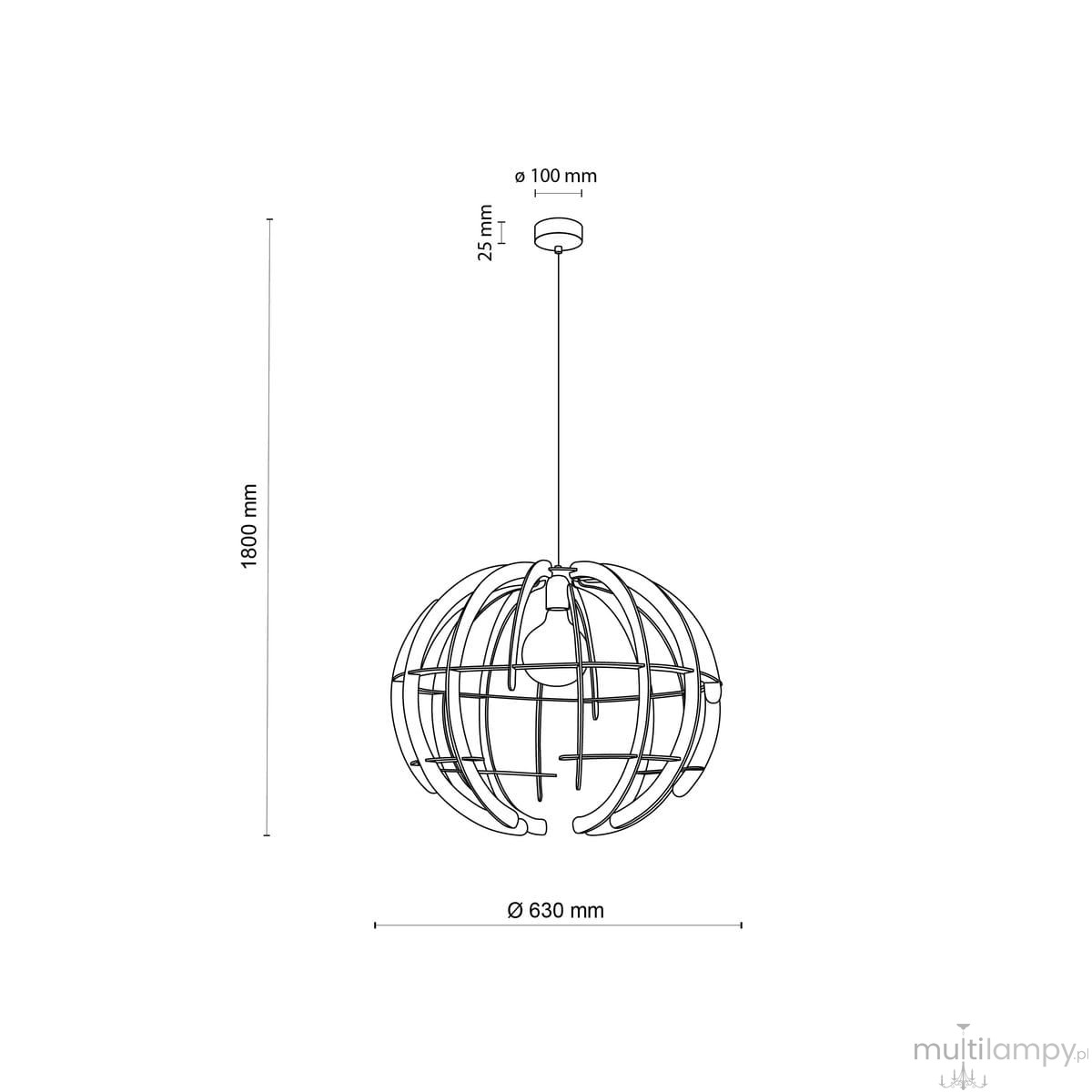 Lampa wisząca Venus L z czarną metalową konstrukcją i jasnym drewnem, o średnicy 630 mm i długości 1800 mm. Zawieszona na cienkim przewodzie, z miejscem na żarówkę E27, w nowoczesnym, minimalistycznym stylu.