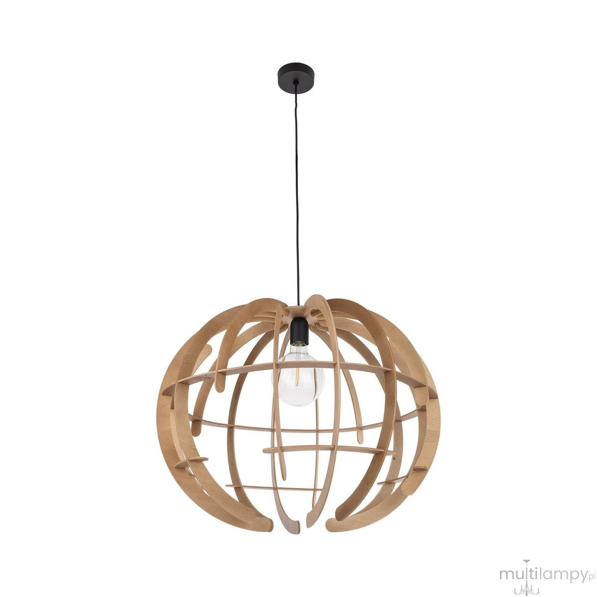Lampa wisząca Venus L, z czarnym mocowaniem i kloszem z jasnego drewna w formie otwartej kuli. Wyposażona w jedno gniazdo E27. Zawieszona na czarnym przewodzie, idealna do nowoczesnych wnętrz.