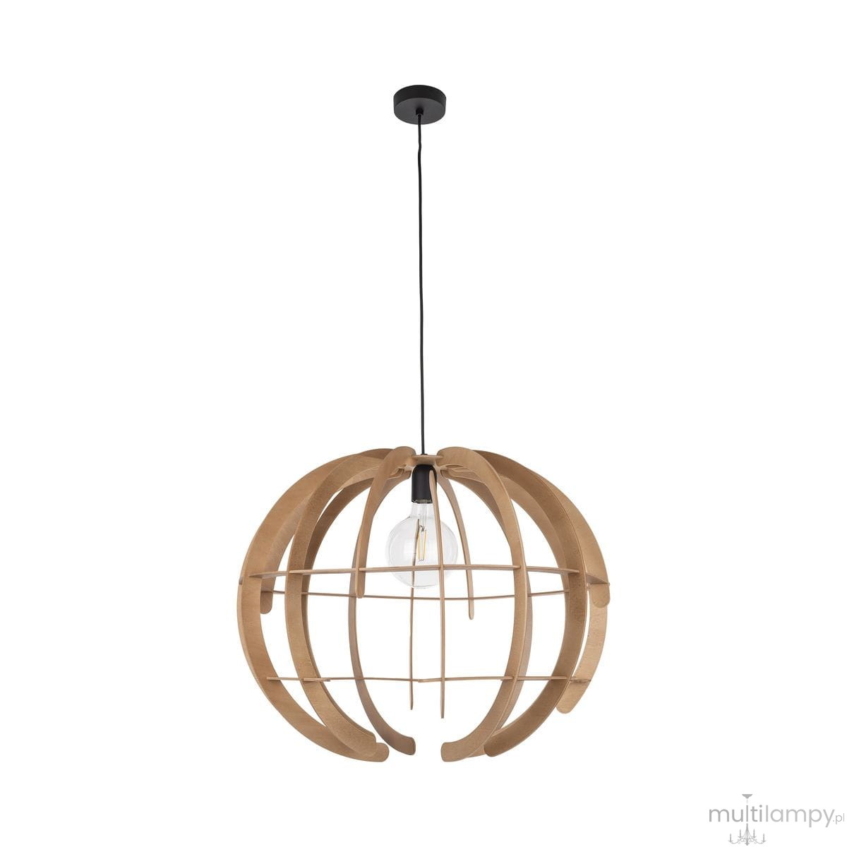 Lampa wisząca Venus L z jednym źródłem światła E27, w kolorze czarnym i jasnego drewna. Posiada okrągłą, ażurową konstrukcję w kształcie globu, z widoczną żarówką w środku, zawieszona na czarnym przewodzie.