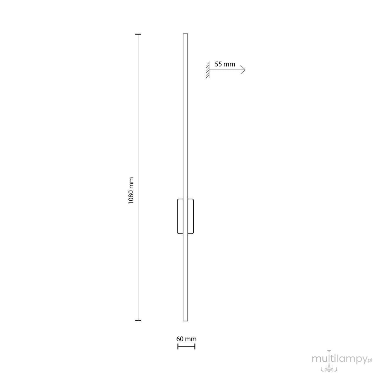 Kinkiet Flash L z jedną diodą LED o mocy 24W, w kolorze czarnym z elementami ciemnego drewna. Wymiary: wysokość 1080 mm, szerokość 60 mm, grubość 55 mm. Prosty, smukły design, montowany pionowo na ścianie.
