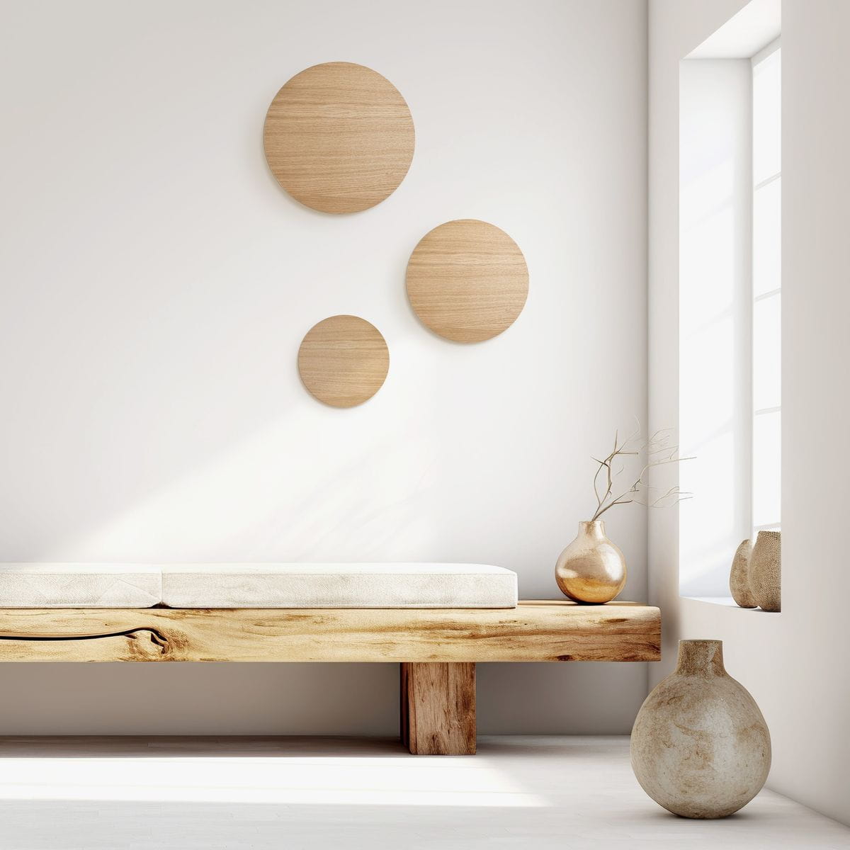 Kinkiet Luna Wood w kolorze naturalnego drewna, przeznaczony na 4 żarówki G9. Produkt zamontowany na ścianie, w minimalistycznym wnętrzu z drewnianą ławką, z okrągłymi elementami dekoracyjnymi na ścianie.