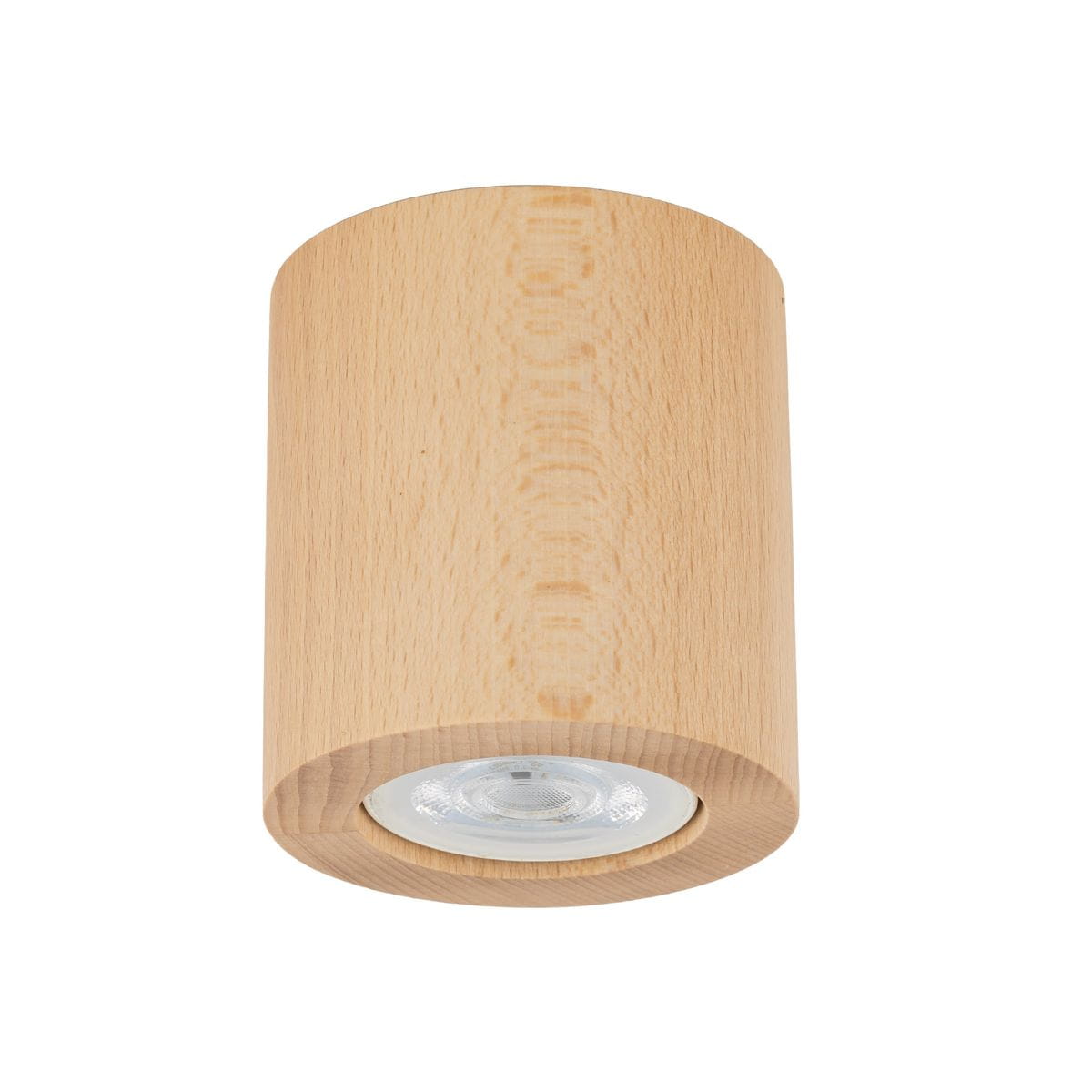 Lampa sufitowa Eve w jasnym drewnie, o cylindrycznym kształcie, z jedną oprawą GU10. Widoczna szklana soczewka u dołu, umieszczona w drewnianym kloszu. Produkt zamontowany na suficie, na jednolitym tle.