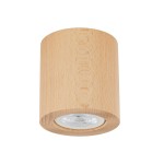 Lampa sufitowa Eve w jasnym drewnie, o cylindrycznym kształcie, z jedną oprawą GU10. Widoczna szklana soczewka u dołu, umieszczona w drewnianym kloszu. Produkt zamontowany na suficie, na jednolitym tle.