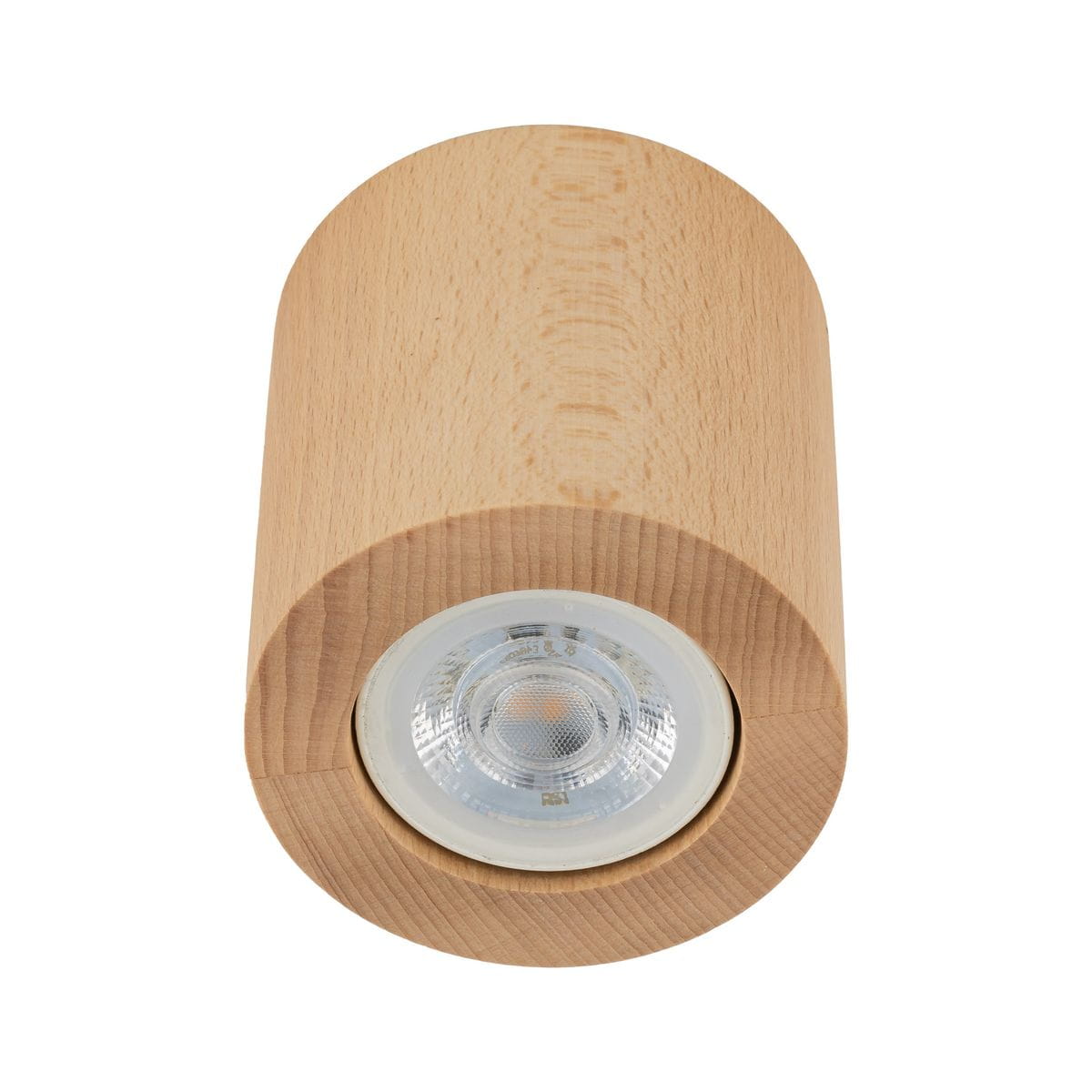 Lampa sufitowa Eve w kształcie cylindrycznym, wykonana z jasnego drewna. Posiada oprawkę na żarówkę GU10, umieszczoną w centralnym otworze. Widok z góry, pokazujący detale drewna oraz przezroczystą osłonę żarówki.