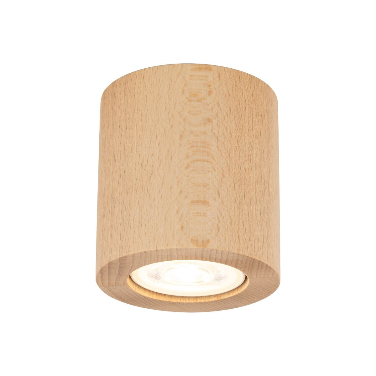 Lampa sufitowa Eve w jasnym drewnie, cylindryczna forma, z widocznym źródłem światła GU10 na dole. Produkt zamontowany sufitowo, o gładkiej, naturalnej fakturze drewna, idealny do nowoczesnych wnętrz.