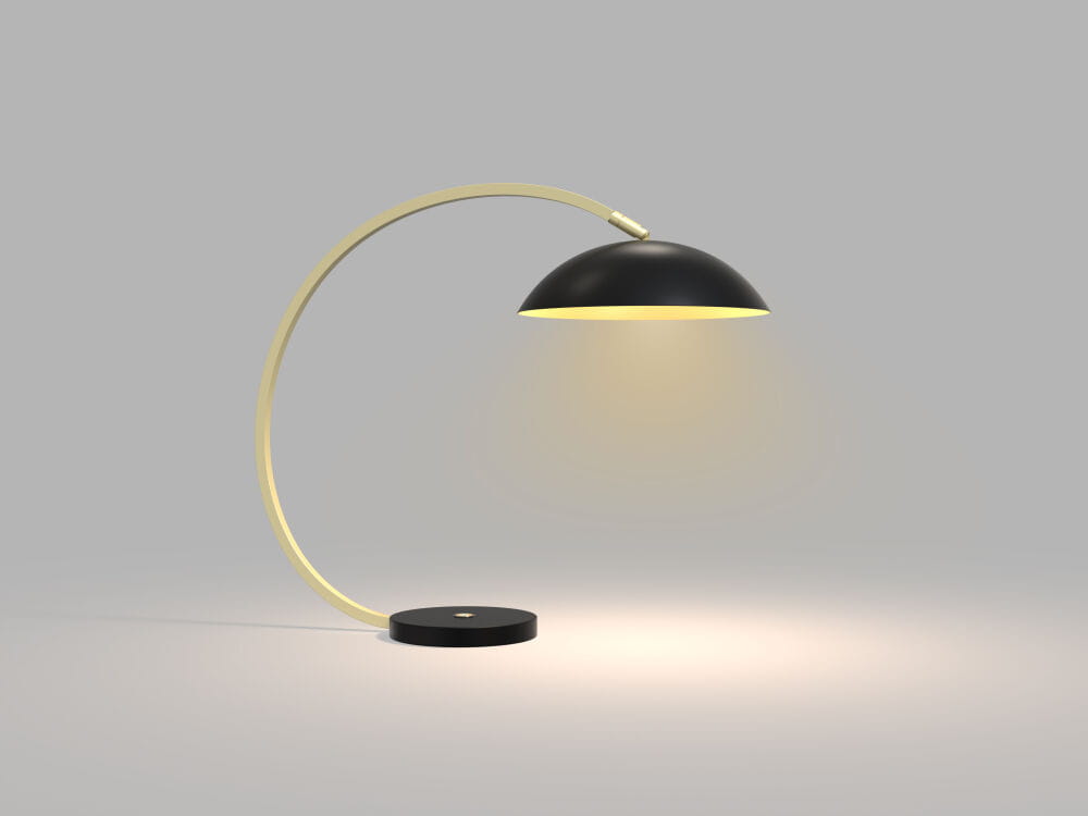 Lampa stołowa Rosskoff 1xLED/10,5W w kolorze czarnym i złotym. Posiada zaokrąglony klosz, elastyczną, zakrzywioną podstawę oraz okrągłą podstawę. Ujęcie z boku, na jednolitym tle, z ciepłym światłem emitującym z klosza.