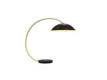 Lampa stołowa Rosskoff z jedną żarówką LED 10,5W, o czarnej, matowej obudowie i złotym wykończeniu. Posiada łukowaty kształt z okrągłą podstawą. Ujęcie frontalne, produkt stoi na płaskiej powierzchni, na jednolitym tle.