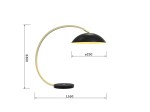 Lampa stołowa Rosskoff z metalowym, czarnym kloszem i złotym wykończeniem, o wysokości 460 mm i średnicy klosza 250 mm. Posiada zakrzywioną podstawę oraz zintegrowane źródło LED 10,5W. Ujęcie boczne, na jednolitym tle.