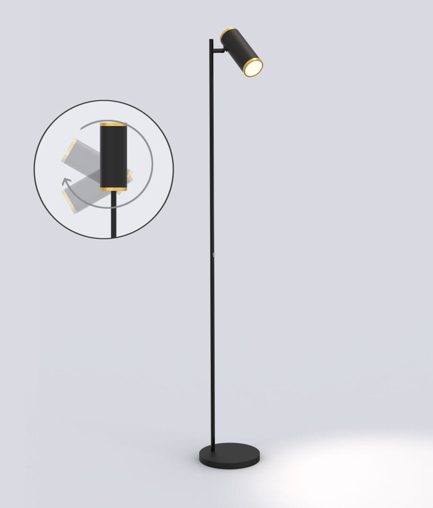 Lampa podłogowa Toulouse 1xLED/10W w kolorze czarnym z złotymi akcentami. Stojąca konstrukcja z regulowanym kloszem w kształcie cylindra, umieszczona na okrągłej podstawie. Tło jasnoszare, co podkreśla elegancki design lampy.