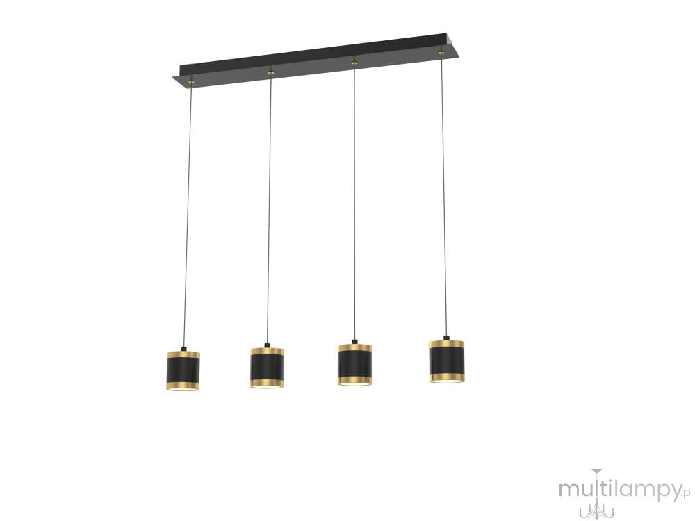 Lampa wisząca Toulouse 4xLED/34W w kolorze czarnym i złotym. Posiada cztery cylindryczne klosze zawieszone na cienkich linkach, montowana do sufitu za pomocą prostokątnej podstawy.