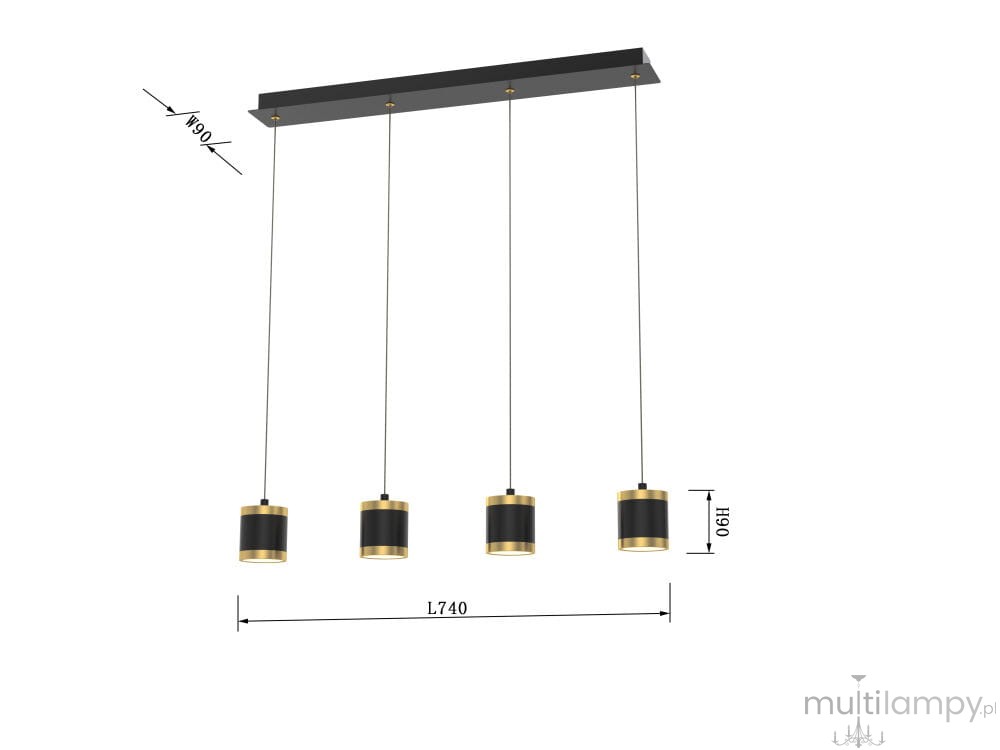 Lampa wisząca Toulouse z czterema kloszami LED, w kolorze czarnym i złotym. Ujęcie frontalne, klosze zawieszone na cienkich linkach. Wymiary: długość 740 mm, wysokość 900 mm. Prosty, nowoczesny design idealny do wnętrz.