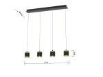 Lampa wisząca Toulouse z czterema kloszami LED, w kolorze czarnym i złotym. Ujęcie frontalne, klosze zawieszone na cienkich linkach. Wymiary: długość 740 mm, wysokość 900 mm. Prosty, nowoczesny design idealny do wnętrz.