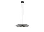 Lannion lampa wisząca w kolorze czarnym i złotym z trzema źródłami światła LED o mocy 19W. Produkt ma okrągłą, metalową podstawę z zawieszeniem na cienkich linkach, zawieszony w pozycji pionowej, na jednolitym tle.