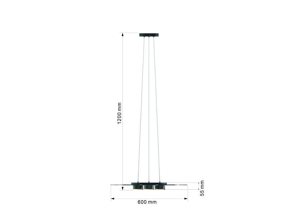 Lannion lampa wisząca z trzema źródłami LED, o mocy 19W, w kolorze czarnym i złotym. Wymiary: 1200 mm wysokości, 600 mm szerokości, 55 mm głębokości. Zawieszona na cienkich linkach, minimalistyczny design.