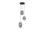 Lampa wisząca Belleville 3xE14 w kolorze czarnym i złotym, z trzema szklanymi kloszami w kształcie elipsy, zawieszona na cienkich linkach. U góry okrągła podsufitka w kolorze czarnym. Wysoka jakość materiałów i nowoczesny design.