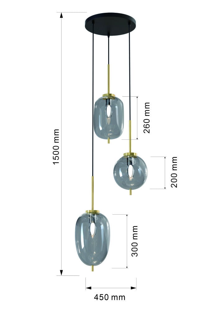 Lampa wisząca Belleville z trzema kloszami w kolorze czarnym i złotym. Klosze o szklanej, lekko przezroczystej strukturze, zawieszone na czarnych linkach. Wymiary: wysokość 1500 mm, średnica 450 mm, klosze na różnych wysokościach (200 mm, 260 mm, 300 mm).