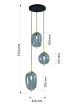 Lampa wisząca Belleville z trzema kloszami w kolorze czarnym i złotym. Klosze o szklanej, lekko przezroczystej strukturze, zawieszone na czarnych linkach. Wymiary: wysokość 1500 mm, średnica 450 mm, klosze na różnych wysokościach (200 mm, 260 mm, 300 mm).