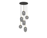 Lampa wisząca Belleville z sześcioma kloszami E14 w kolorze czarnym i złotym. Klosze w kształcie owalnym, wykonane ze szkła, zawieszone na cienkich, złotych rurkach. Stropnica okrągła, czarna. Produkt w pozycji wiszącej, idealny do nowoczesnych wnętrz.