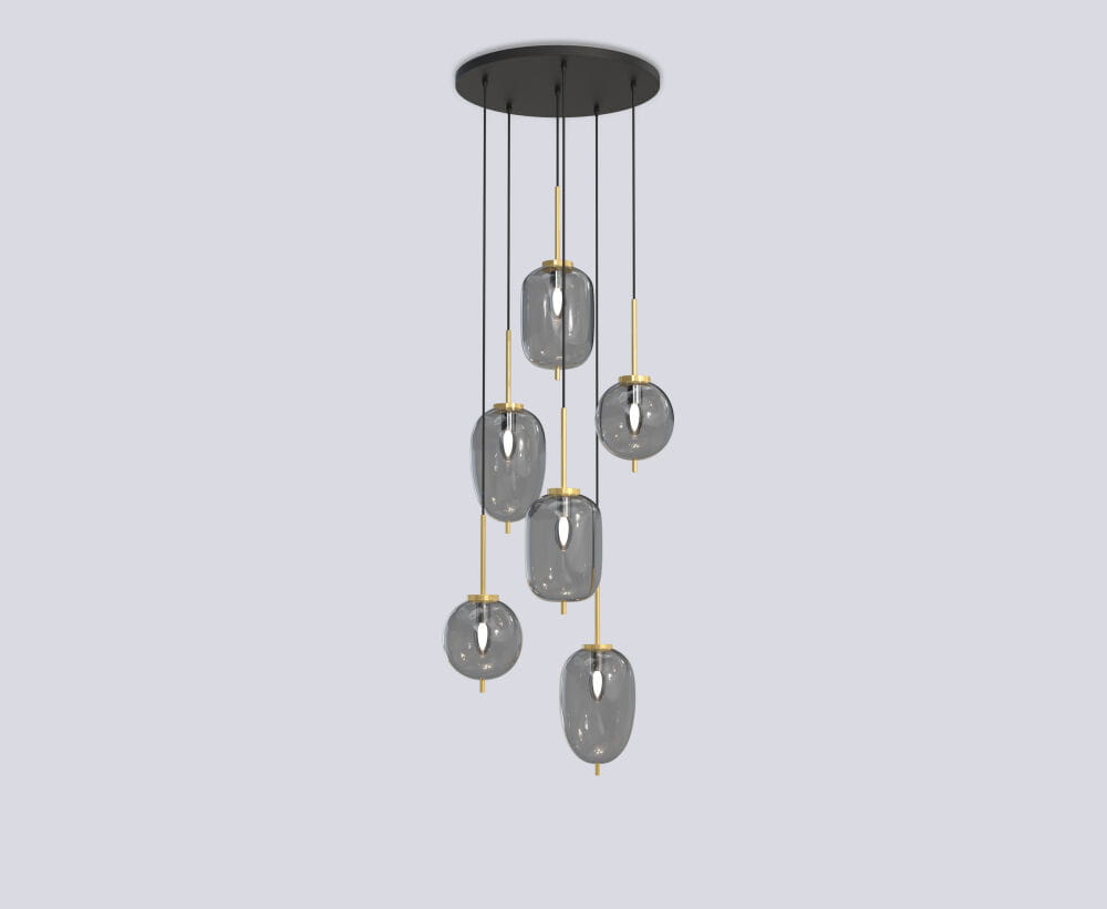 Lampa wisząca Belleville z sześcioma kloszami w kształcie owalnym, wykonana z ciemnego szkła, zawieszona na złotych elementach. Czarna podsufitka, lampa w pozycji wiszącej, zróżnicowane długości zwisów. Idealna do nowoczesnych wnętrz.