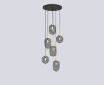 Lampa wisząca Belleville z sześcioma kloszami w kształcie owalnym, wykonana z ciemnego szkła, zawieszona na złotych elementach. Czarna podsufitka, lampa w pozycji wiszącej, zróżnicowane długości zwisów. Idealna do nowoczesnych wnętrz.