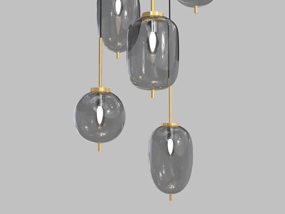 Lampa wisząca Belleville z sześcioma kloszami w odcieniach szarości i złota. Klosze w kształcie owalnym i cylindrycznym, zawieszone na cienkich złotych prętach. Prosta, elegancka konstrukcja, idealna do nowoczesnych wnętrz.