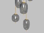 Lampa wisząca Belleville z sześcioma kloszami w odcieniach szarości i złota. Klosze w kształcie owalnym i cylindrycznym, zawieszone na cienkich złotych prętach. Prosta, elegancka konstrukcja, idealna do nowoczesnych wnętrz.