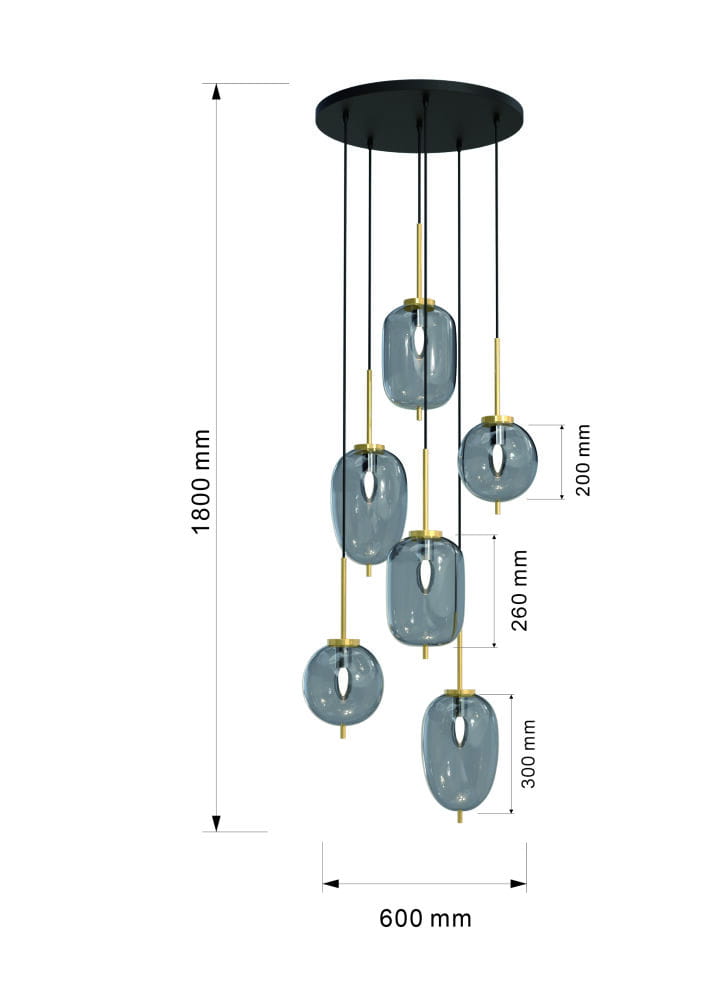 Lampa wisząca Belleville z sześcioma kloszami E14, w kolorze czarnym i złotym. Klosze w kształcie owalnym z transparentnego szkła, zawieszone na złotych prętach. Wysokość 1800 mm, szerokość 600 mm, z różnymi długościami zawieszenia kloszy.