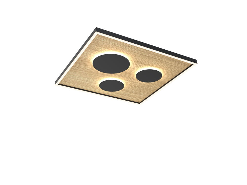 Plafon Dijon 60, kwadratowy, w kolorze czarnym z drewnianym wykończeniem, z trzema okrągłymi źródłami światła LED. Ujęcie z dołu, produkt zamontowany na suficie, o prostym, nowoczesnym designie.