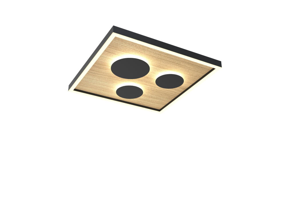 Plafon Dijon 40 z 4 źródłami LED, w kolorze czarnym i drewnie. Kwadratowa konstrukcja z trzema okrągłymi otworami na światło, zamontowana na suficie, z widoczną teksturą drewna i eleganckim wykończeniem.