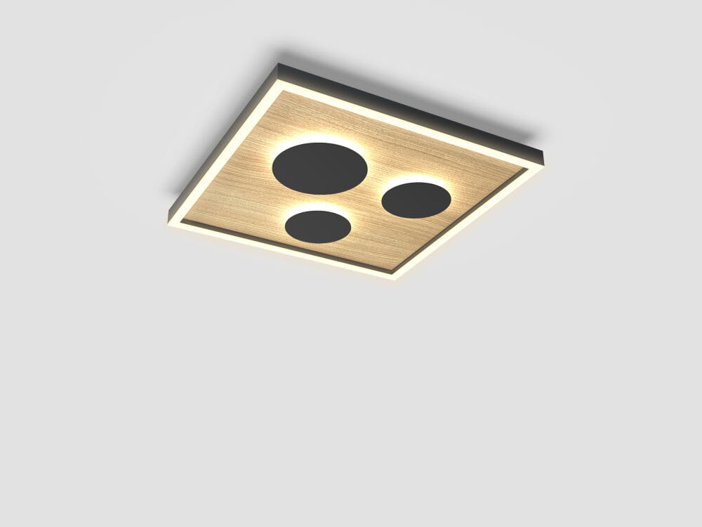 Plafon Dijon 40 w kolorze czarnym i drewnie, z czterema źródłami światła LED o mocy 26W. Kwadratowa konstrukcja z trzema okrągłymi elementami świetlnymi, montowany na suficie. Tło w jasnym kolorze.