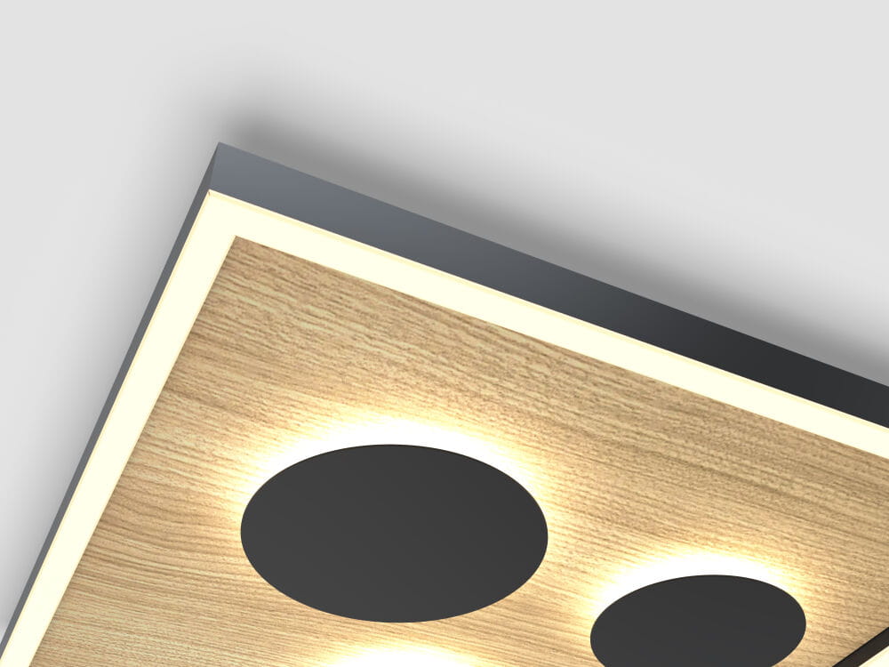 Plafon Dijon 40 w kolorze czarnym z elementami drewnianymi, z widocznymi okrągłymi lampami LED. Ujęcie z góry, ukazuje teksturę drewna oraz podświetlenie wokół lamp. Idealny do nowoczesnych wnętrz.