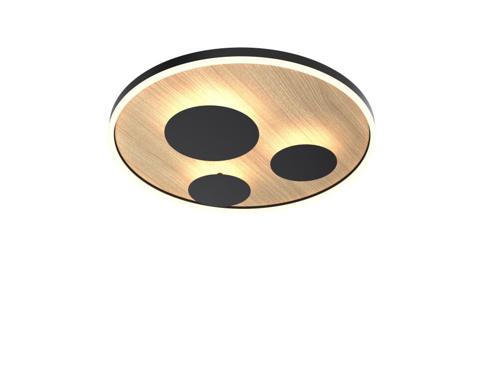 Plafon Dijon D60 z czarnym wykończeniem i drewnianą strukturą, okrągły, z trzema czarnymi okrągłymi wstawkami. Ujęcie z góry, pokazujące subtelne detale i podświetlenie LED. Produkt zamontowany na białym tle.