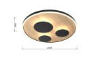 Plafon Dijon D60 z czarnym wykończeniem i drewnianą powierzchnią, średnica 60 cm, wysokość 9 cm. Posiada cztery źródła światła LED o mocy 40W, okrągły kształt z trzema czarnymi okręgami na jasnej podstawie.