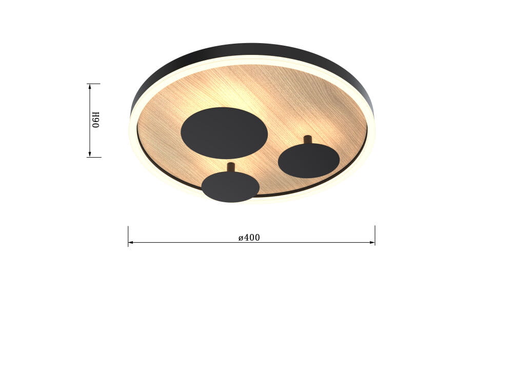 Plafon Dijon D40 o średnicy 400 mm, z czarną obudową i drewnianym akcentem. Zawiera cztery źródła światła LED o mocy 26W. Ujęcie z góry, prezentujące okrągły kształt i widoczne detale. Wysokość 90 mm.