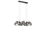 Lampa wisząca Nancy w kolorze czarnym i chromowym, z 14 gniazdami G9. Posiada dymione szklane klosze w formie nieregularnych kształtów, zawieszona na cienkich linkach, montowana do sufitu. Tło białe, co podkreśla elegancki design.