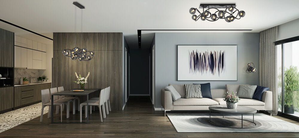 Lampa wisząca Nancy w kolorze czarnym i chromowym, z 14 gniazdami G9, o nowoczesnym, organicznym kształcie. Zawieszona w jasnym, eleganckim wnętrzu z drewnianą podłogą i minimalistycznym wystrojem.