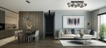 Lampa wisząca Nancy w kolorze czarnym i chromowym, z 14 gniazdami G9, o nowoczesnym, organicznym kształcie. Zawieszona w jasnym, eleganckim wnętrzu z drewnianą podłogą i minimalistycznym wystrojem.