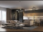Lampa wisząca Nancy z 14 gwintami G9, w kolorze czarnym z chromowanymi akcentami i dymionymi kloszami. Zawieszona w nowoczesnym wnętrzu, w otoczeniu mebli w neutralnych kolorach, na tle ciemnej ściany i jasnej kuchni.