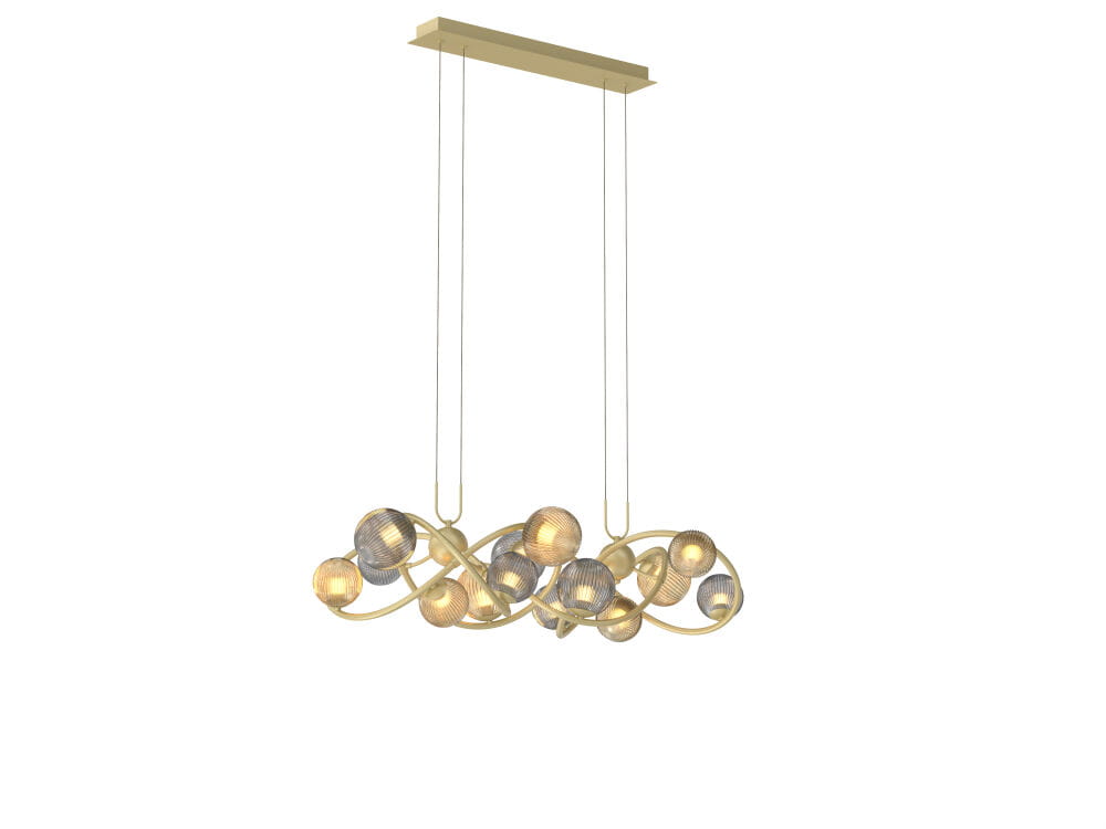 Lampa wisząca Metz w kolorze złotym, z 14 źródłami światła G9. Charakteryzuje się nowoczesnym, organicznym kształtem z okrągłymi kloszami w metalicznej i matowej fakturze. Wisząca na długich linkach, umieszczona na prostokątnej podsufitce.