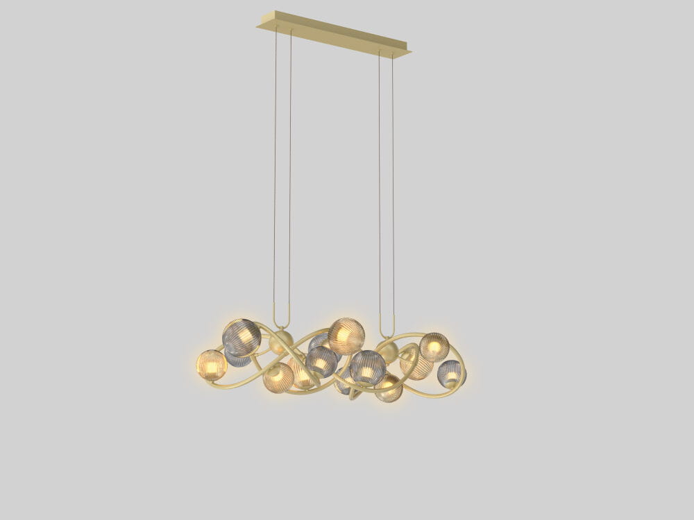 Lampa wisząca Metz w kolorze złotym, złożona z 14 kloszy G9. Klosze mają różne kształty i faktury, zawieszone na cienkich linkach. Produkt ma nowoczesny design, idealny do eleganckich wnętrz. Ujęcie frontalne na jednolitym tle.