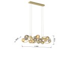 Lampa wisząca Metz z 14 gniazdami G9, w kolorze złotym. W kształcie falistym z okrągłymi elementami w różnych odcieniach złota i srebra. Wymiary: długość 1000 mm, szerokość 600 mm, wysokość 210 mm. Montowana na prostokątnej podstawie.
