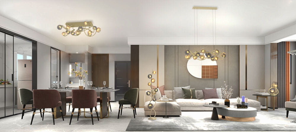 Lampa wisząca Metz w kolorze złotym, z 14 miejscami na żarówki G9. Umieszczona nad stołem w nowoczesnym wnętrzu, w towarzystwie eleganckich mebli i dekoracji. Kąt ujęcia frontalny, pokazujący detal i harmonię z otoczeniem.
