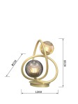 Lampa stołowa Metz w kolorze złotym z dwoma kloszami w formie okrągłych kul. Wymiary: wysokość 320 mm, szerokość 220 mm, długość 260 mm. Klosze mają teksturowaną powierzchnię, a lampa ma nowoczesny, elegancki kształt.