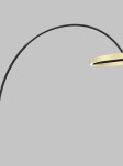 Czarna lampa podłogowa Brest z elementem złotym, zbudowana na smukłym łuku. Widoczna okrągła głowica z wbudowanym źródłem LED o mocy 21W. Kąt ujęcia z boku, na szarym tle.