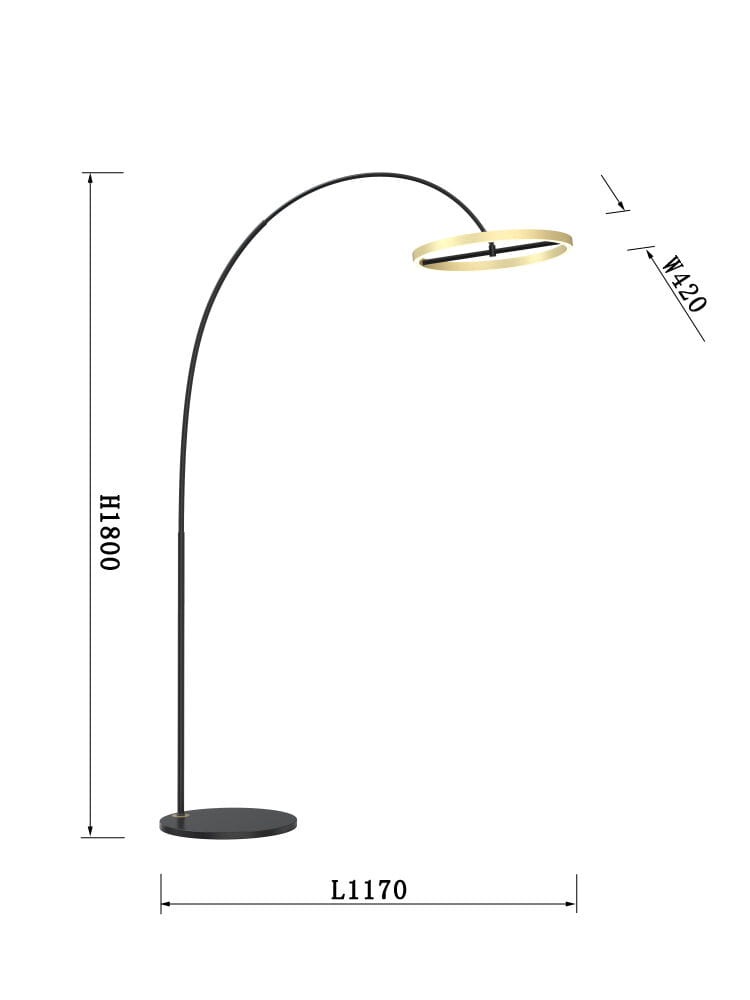 Lampa podłogowa Brest w kolorze czarnym i złotym, wykonana z metalu, z okrągłym kloszem na długim, łukowatym ramieniu. Stojąca na okrągłej podstawie, z wymiarami H1800 mm, L1170 mm i W420 mm.